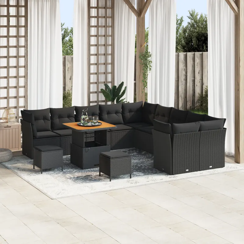 set de canapele pentru gradina cu 13 piese si perne negru poliratan acacia, set de dining pentru gradina cu 3 piese si perne negru poliratan acacia