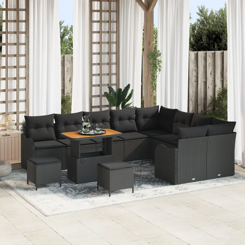 Set canapea gradina in 12 piese cu perne negru poli rattan acacia, set dining gradina in 3 piese cu perne negru poli rattan acacia, canapea gradina in 2 piese cu perne negru poli rattan