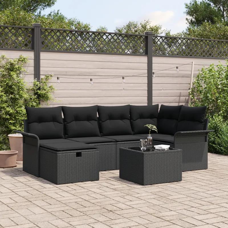 Set de canapea de gradina cu 7 piese si perne din ratan politian negru, set de canapea de gradina cu 2 locuri, cu depozitare si perne din ratan politian negru