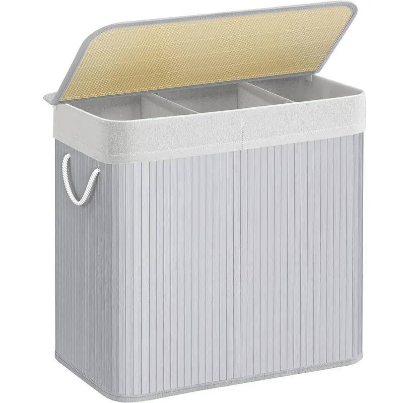 Cos de rufe din bambus, pliabil, cu captuseala detasabila lavabila, 3 compartimente, 150L, 60x40x62cm, gri