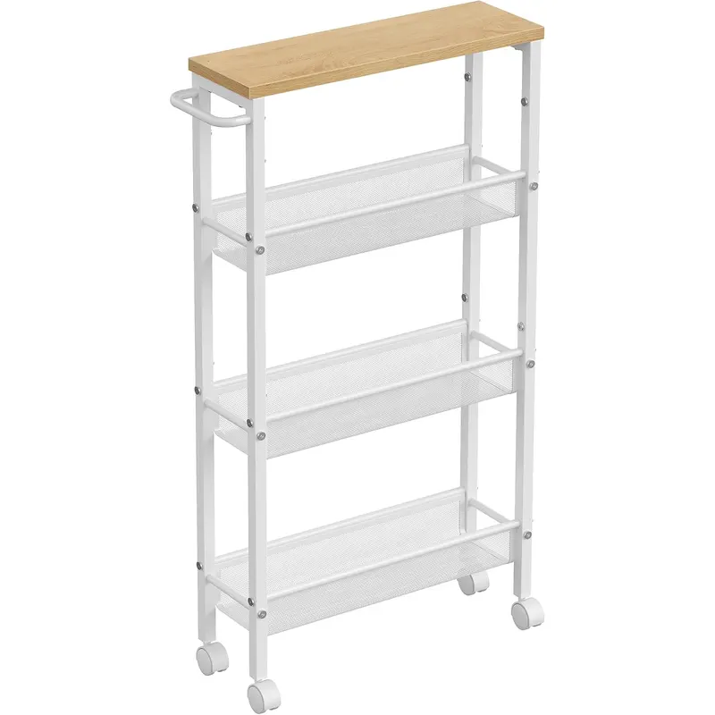 Carucior de bucatarie ingust cu roti, 4 niveluri, cadru metalic, 13x47x77 cm, stejar si alb