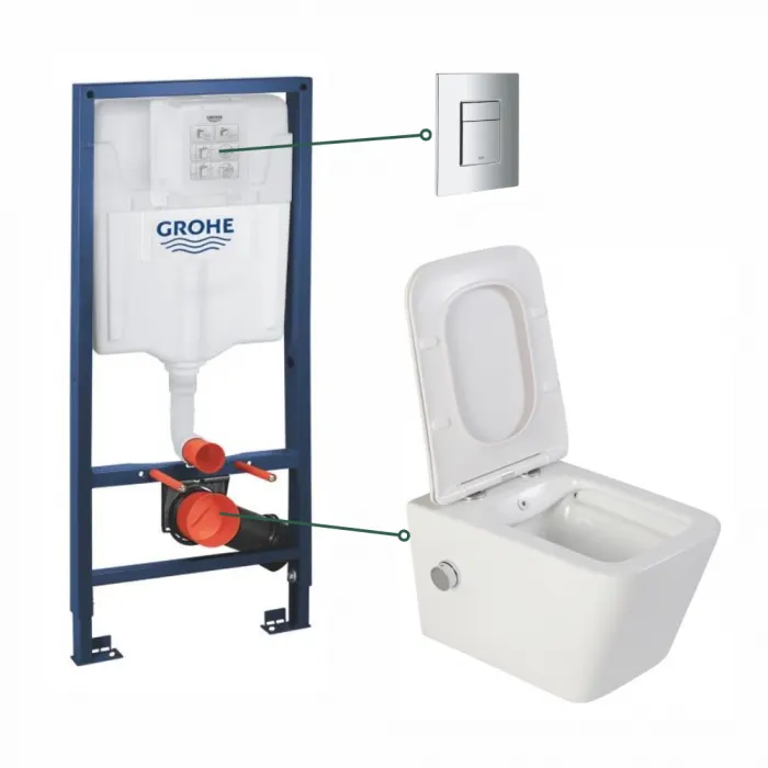 Set vas wc suspendat cu functie bideu alb si baterie inclusa crom Safari, rezervor wc incastrat si clapeta crom, Grohe