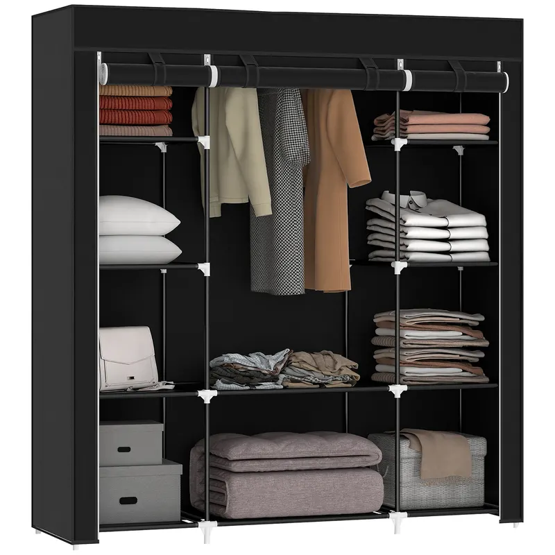 HOMCOM Dulap de depozitare penderie din material textil pliabil cu bara de suspendare si rafturi, 150 x 43 x 162,5 cm, negru