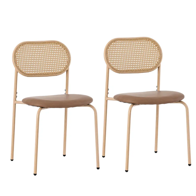 Set de 2 scaune de dining moderne din ratan cu cadru metalic, 56x52x27 cm, Maro