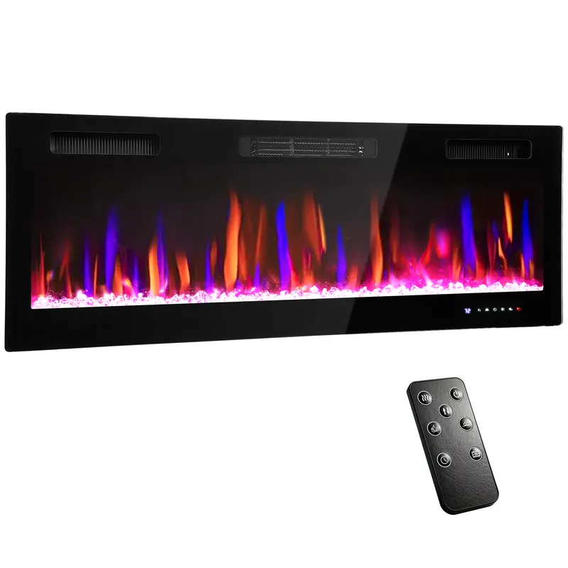 HOMCOM Șemineu Electric de Perete și Încorporabil 3 în 1 cu Design Ultra-Subțire de 9,4 cm, 12 Culori de Flacără 3D și Cristale, 900/1800W, cu Telecomandă, Touchscreen, Timer și Termostat