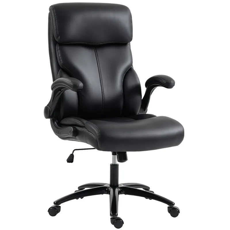 HOMCOM Scaun de birou ergonomic cu cotiere rabatabile, fotoliu de birou din PU, înălțime reglabilă, funcție de balans, negru