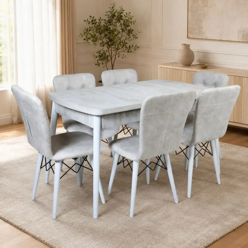 Set masa extensibila cu 6 scaune tapitate cristal bej-picior-alb-170 x 80 cm