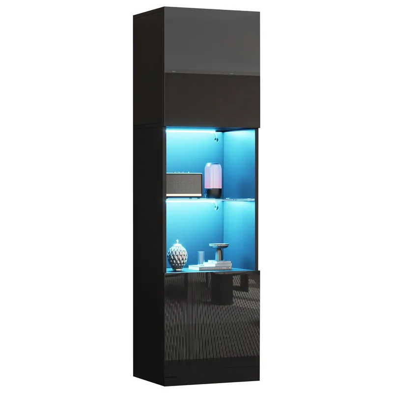 Vitrină lucioasă cu iluminare LED, 1 raft de sticlă, 45x35x160 cm, Negru