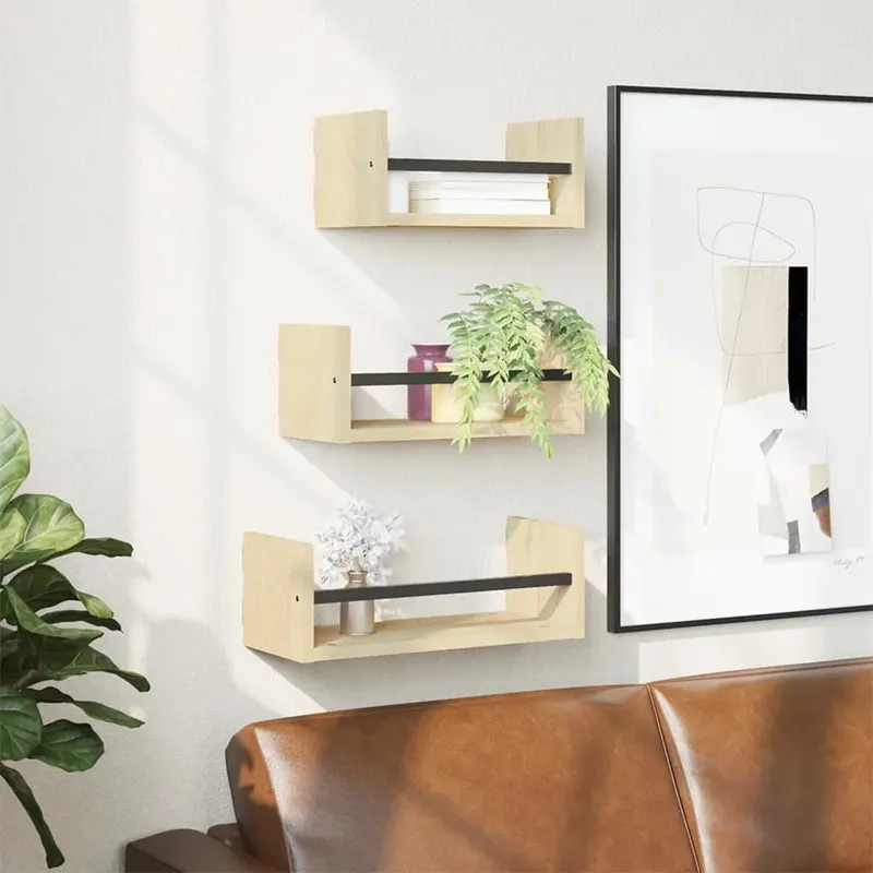 set rafturi perete cu bare, 3 buc, stejar sonoma lemn prelucrat