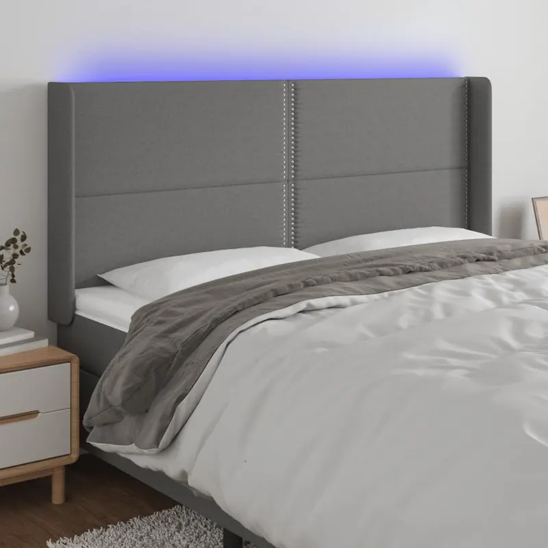 tablie de pat cu led, gri inchis, 203x16x118/128 cm, textil