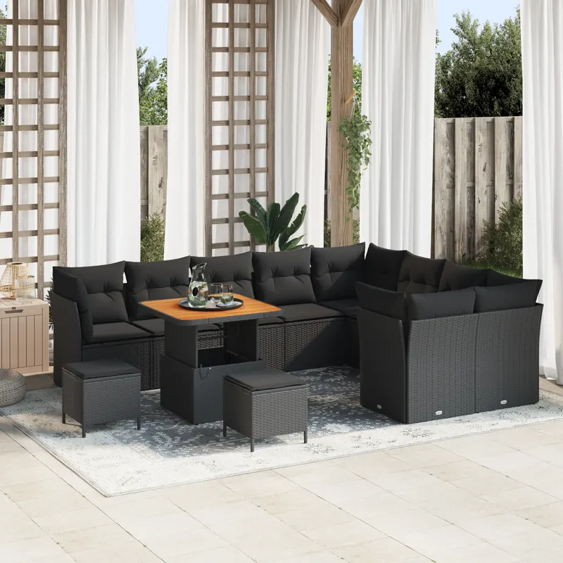 Set de canapea de gradina cu 12 piese si perne, ratan poliester negru si acacia, set de dining de gradina cu 3 piese si perne, ratan poliester negru si acacia