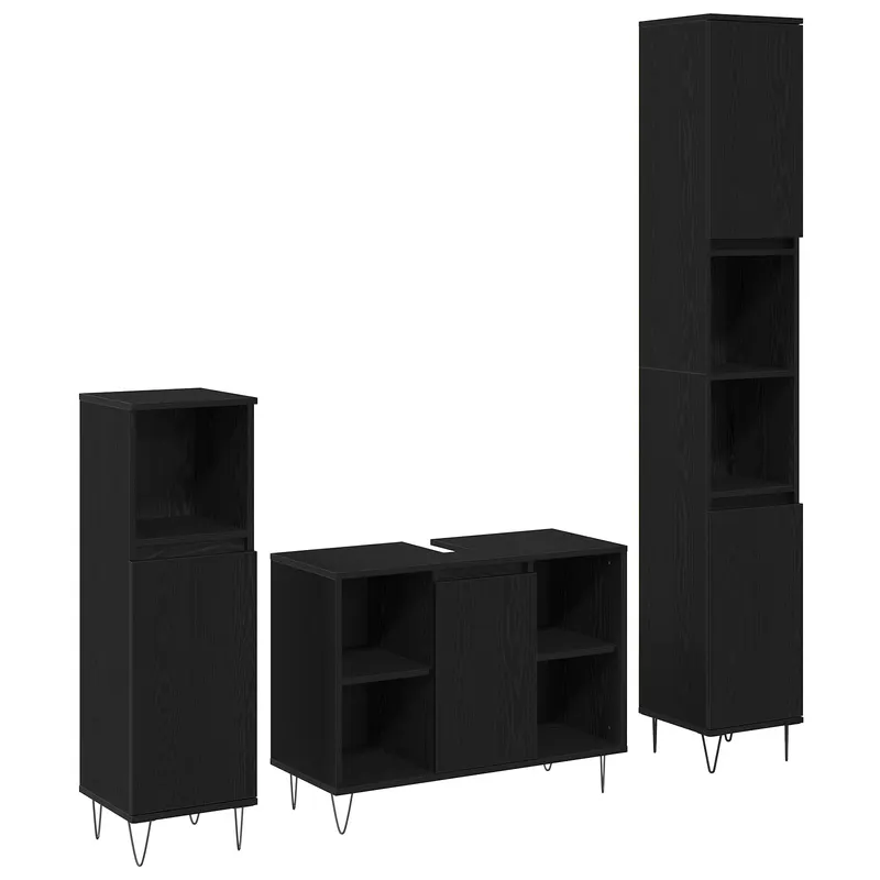 Set mobilier baie 3 piese stejar negru lemn prelucrat, dulap baie stejar negru 30x30x190 cm lemn prelucrat, dulap baie stejar negru 30x30x100 cm lemn prelucrat