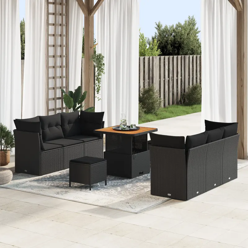 Set de canapea de gradina cu 9 piese cu perne negre poliratan acacia, set de dining de gradina cu 3 piese cu perne negre poliratan acacia