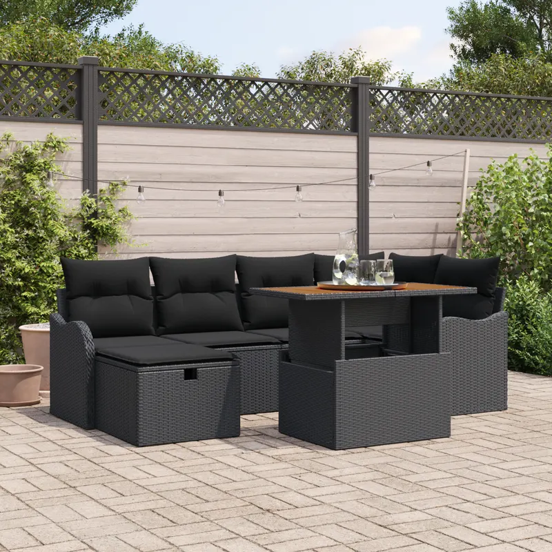 Set de canapea de gradina cu 7 piese si perne ratan poliester negru, set de canapea de gradina pentru 2 persoane cu depozitare si perne ratan poliester negru