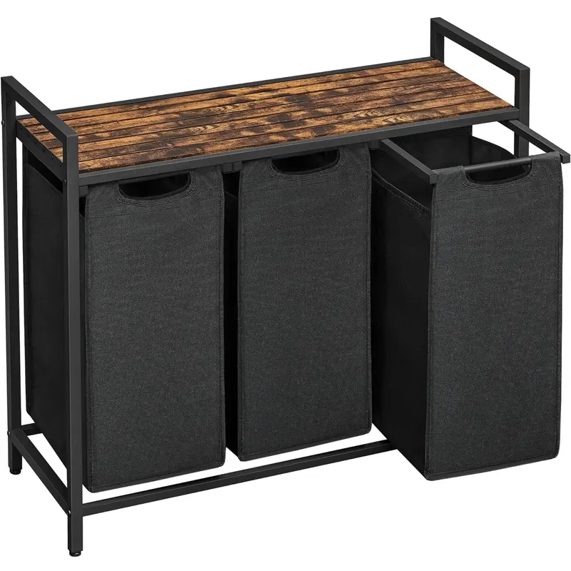 Cos de rufe, 3 compartimente, saci de rufe detasabili, raft, cadru metalic, 3x38L, 93x33x72 cm, maro rustic si negru