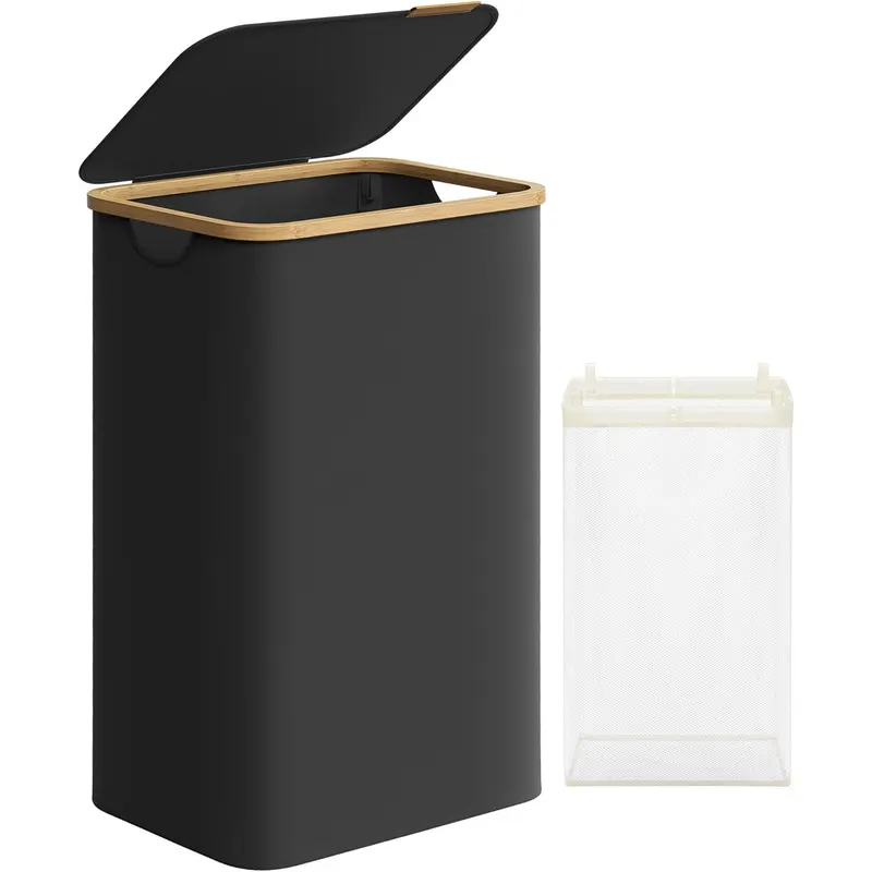 Cos de rufe textil, pliabil, compartiment detasabil, 90L, 42x32x71 cm, negru