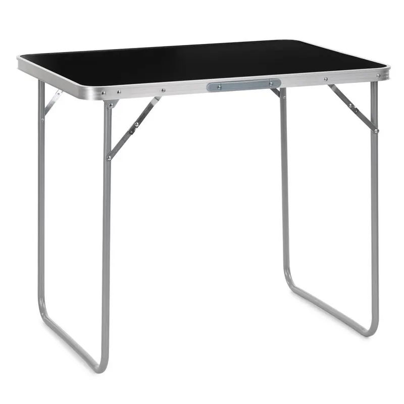 Masa pliabila camping cu maner transport, blat MDF si cadru aluminiu, 80x60x70 cm, argintiu si negru