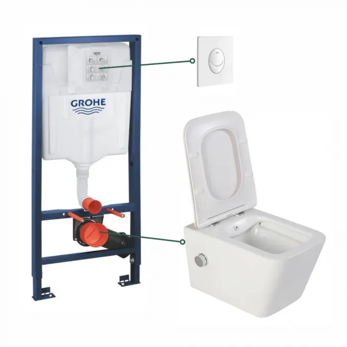 Set vas wc suspendat cu functie bideu alb si baterie inclusa crom Safari, rezervor wc incastrat si clapeta alb lucios, Grohe