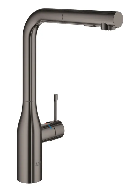 Baterie de bucatarie Grohe 30270A00, Essence, 3 8 , pipa inalta, tip L, dus extractabil, 2 functii, lucios, grafit