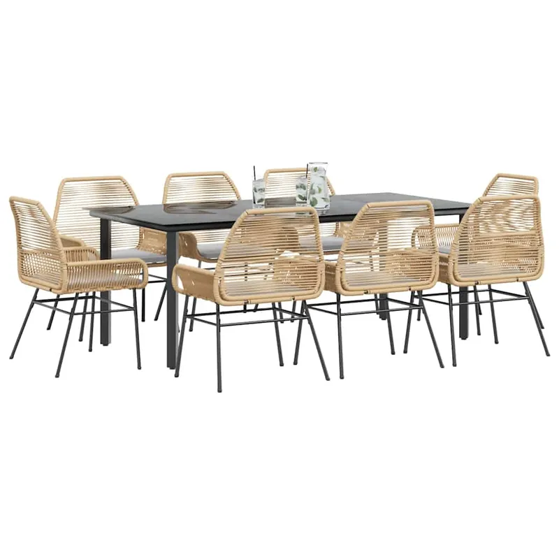set de sufragerie de gradina de 9 piese sticla poliratan maro