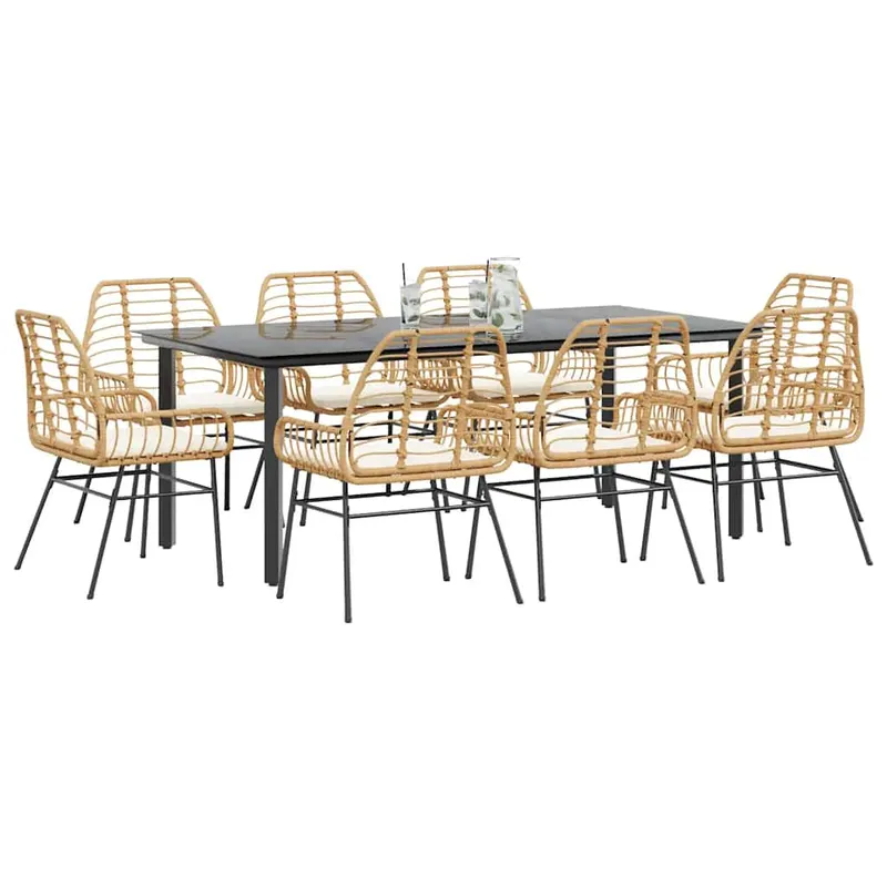 set de sufragerie de gradina de 9 piese sticla poliratan maro