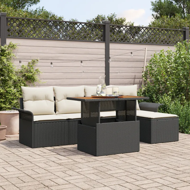 Set sofa gradina 6 piese cu pernite ratan poliat negru, sofa gradina 2 locuri cu spatiu depozitare & pernite ratan poliat negru