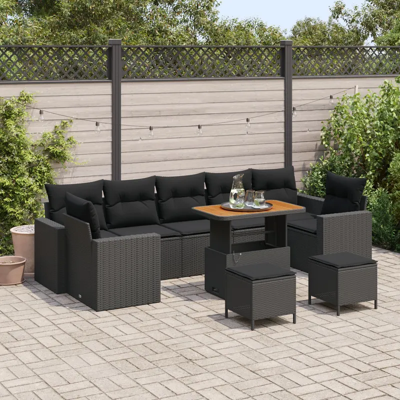 Set de sofa pentru gradina cu 10 piese si pernite din poliratan negru acacia, set de dining pentru gradina cu 3 piese si pernite din poliratan negru acacia