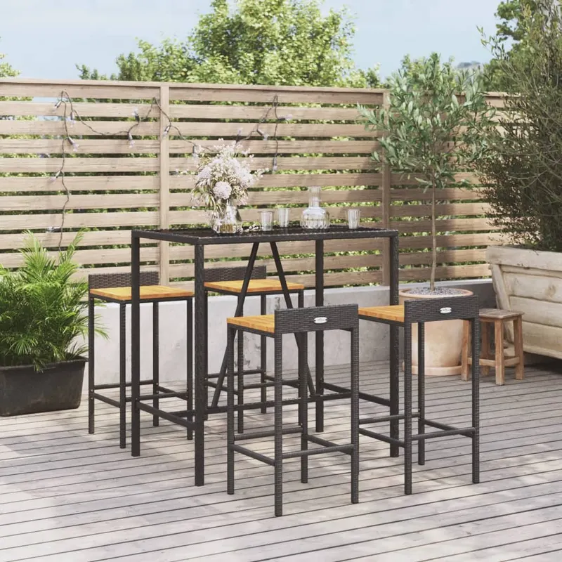 set bar pentru gradina, 5 piese, negru, poliratan/lemn acacia