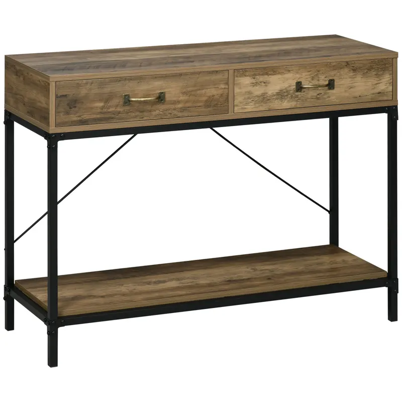 Masă Consolă Vintage HOMCOM din Metal și Lemn, Design Elegant cu 2 Sertare și Raft, Maro, pentru Living, Sufragerie