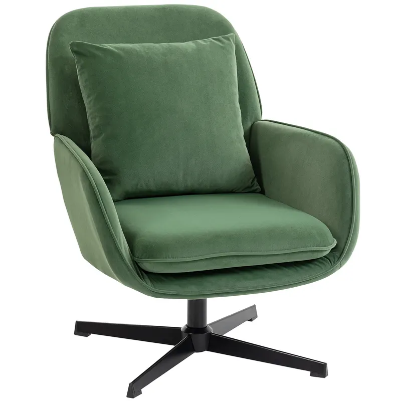HOMCOM Fotoliu de Salon Rotativ 360° cu Pernă Lombară Detașabilă, Șezut Generos, Fotoliu Tapițat Modern din Catifea cu Cotiere, pentru Living, 73x83.5x85 cm, Verde