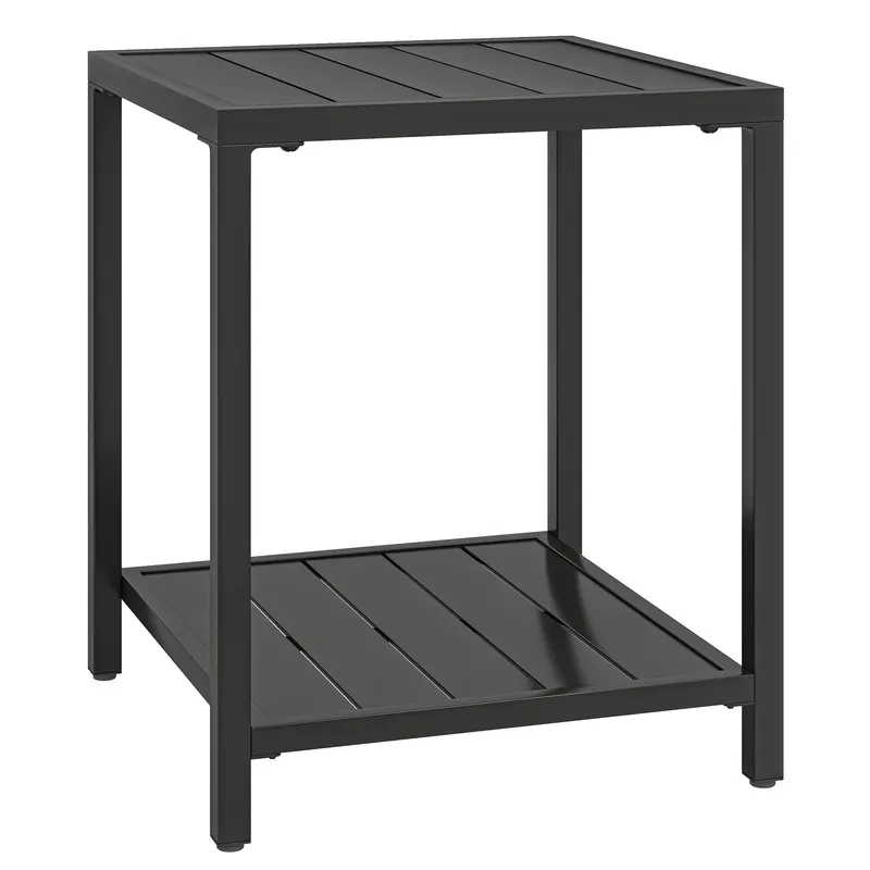 Outsunny Măsuță laterală 45 x 45 cm, rezistentă la intemperii, masă de grădină cu design cu lamele, raft, picioare reglabile, suport 30 kg