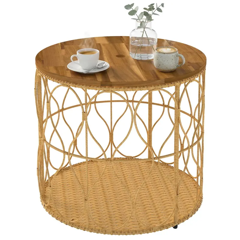 Outsunny Măsuță laterală Ø50 cm rezistentă la intemperii, masă de grădină cu aspect de rattan, blat din lemn de acacia, picioare reglabile Teak