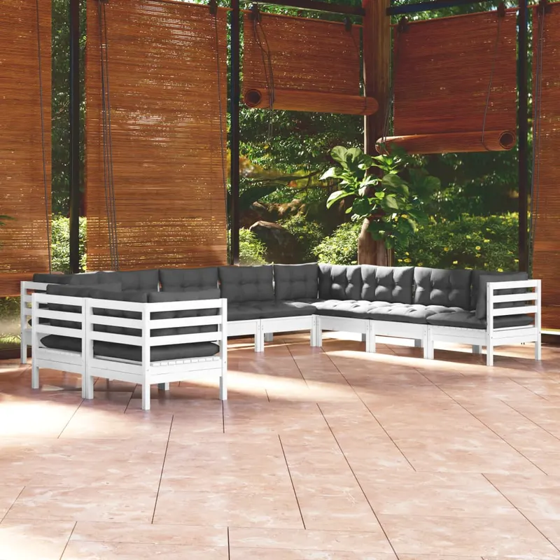 set mobilier gradina cu perne, 10 piese, alb, lemn masiv de pin