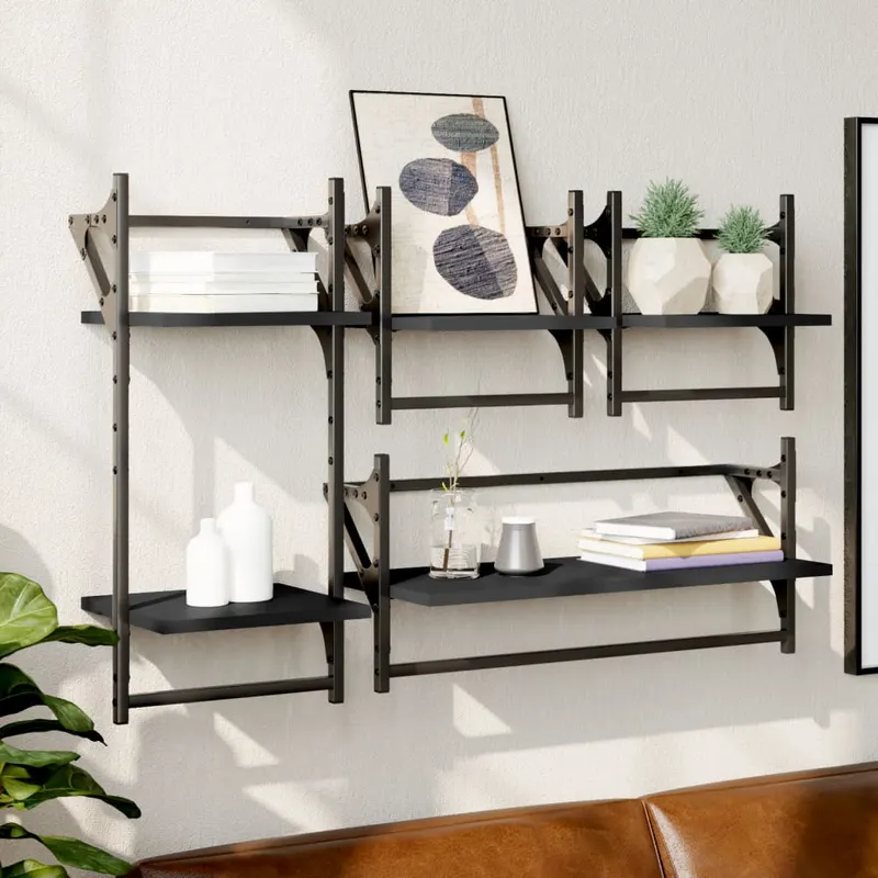set rafturi perete cu bare, 4 buc. negru lemn prelucrat