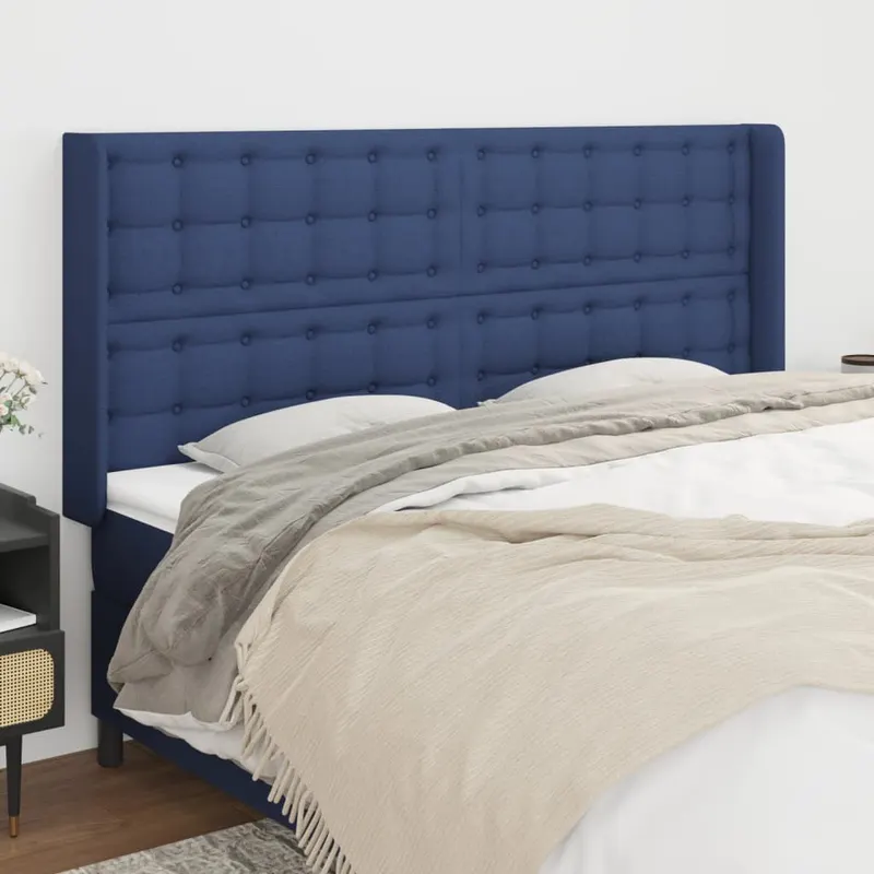 Tablie de pat cu aripioare, albastru, 183x16x118/128 cm, textil