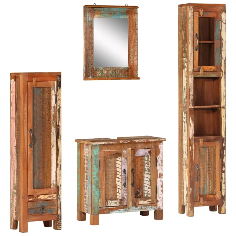 set mobilier de baie, 4 piese, lemn masiv recuperat