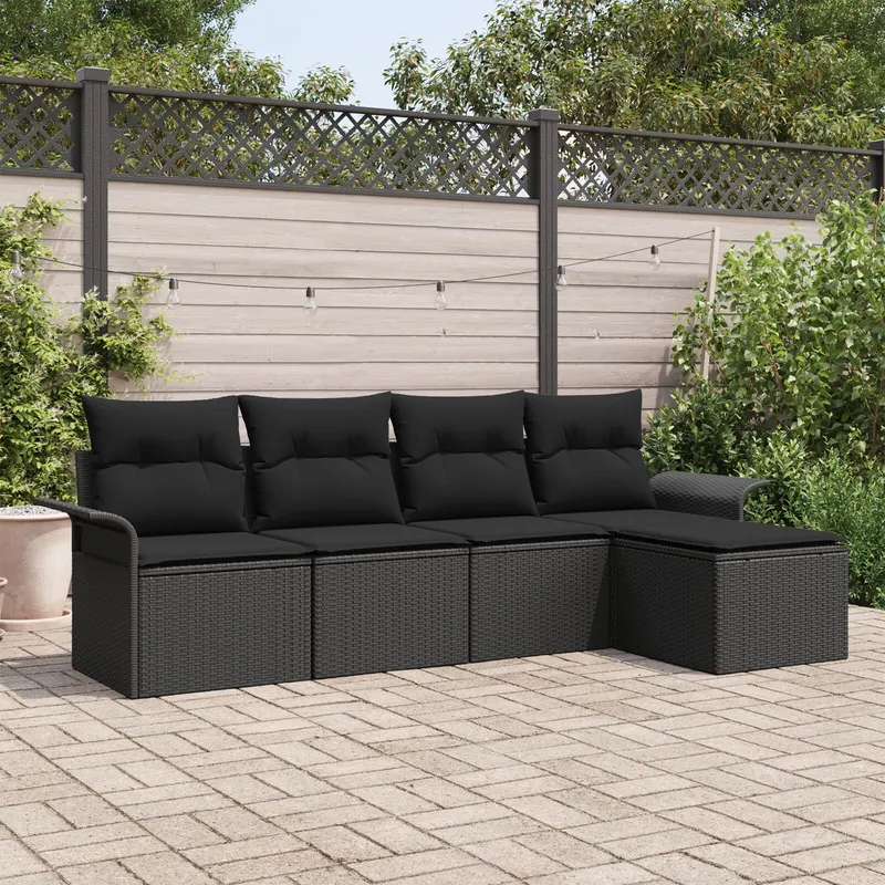Set canapea gradina , 5 piese cu perne, ratan polimer negru, canapea gradina cu depozitare si perne, 2 locuri, ratan polimer negru