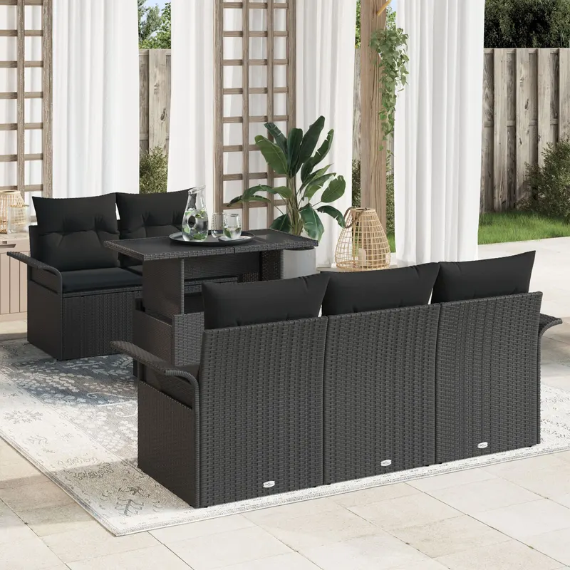 set de 6 canapele de gradina cu perne negre din rattan poli