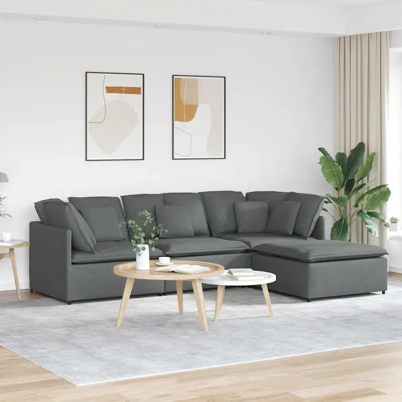 canapea modulara cu taburet si perne material textil gri inchis