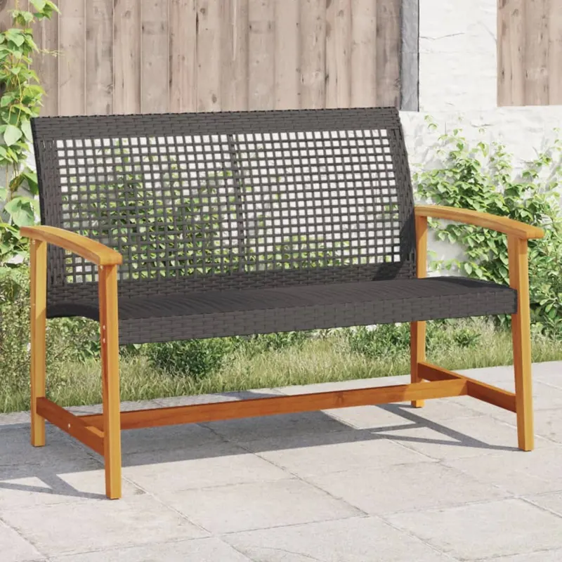 banca de gradina, negru, 112 cm, poliratan si lemn de acacia