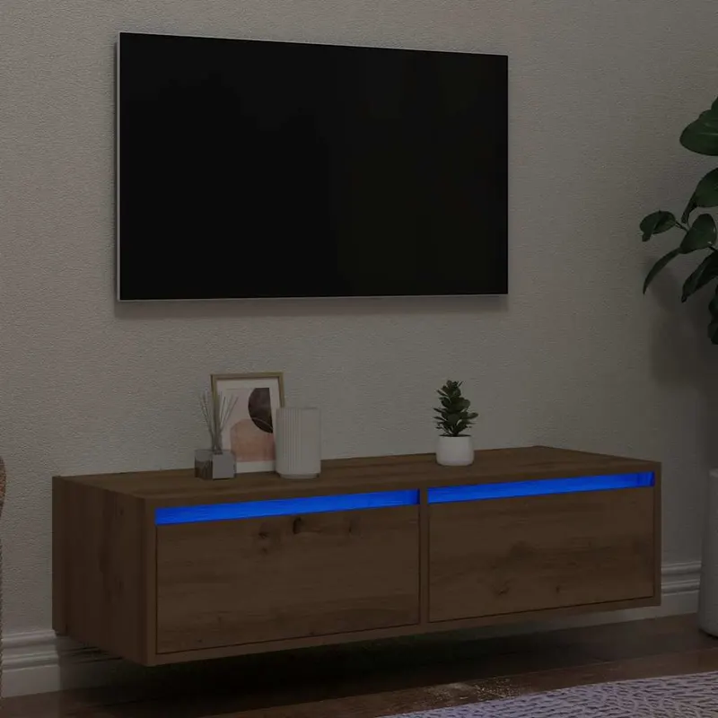 comoda tv cu lumini led, stejar artizanal, 100x35,5x25 cm