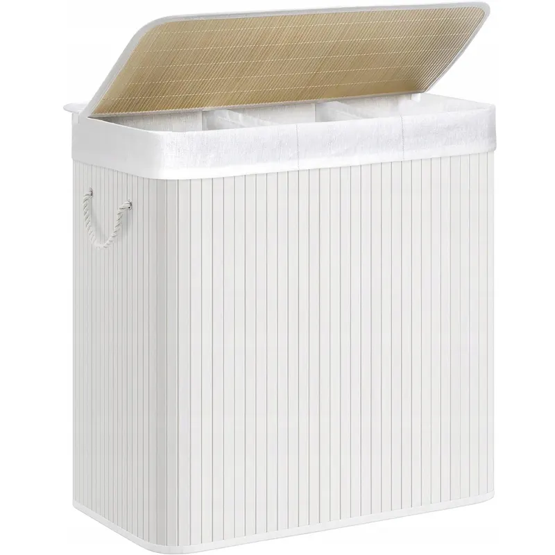Cos de rufe din bambus, pliabil, cu captuseala detasabila lavabila, 3 compartimente, 150L, 60x40x62cm, alb
