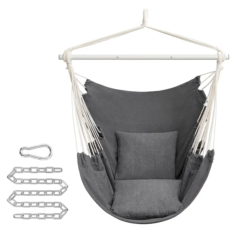 Fotoliu suspendat tip hamac cu 2 perne, lant si carabiniera incluse, 150x128 cm, gri inchis