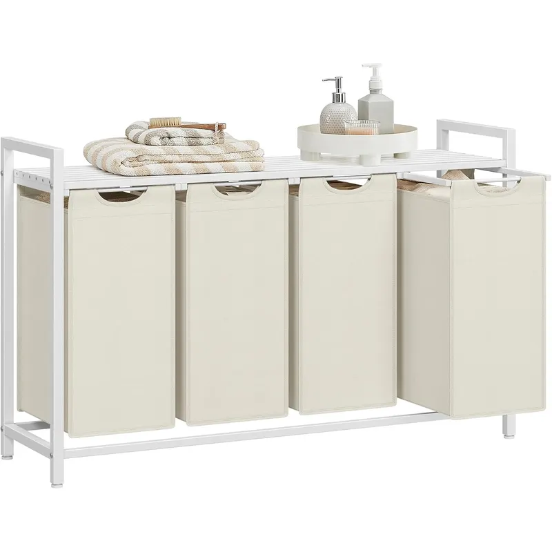 Cos rufe 4x40L, saci detasabili, raft superior si cadru metalic, 116x33x72 cm, alb si crem