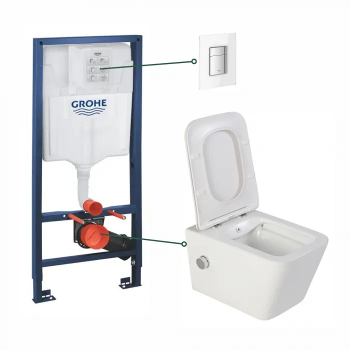 Set vas wc suspendat cu functie bideu alb si baterie inclusa crom Safari, rezervor wc incastrat si clapeta din sticla alba, Grohe