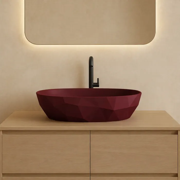 Lavoar pe blat din compozit burgundy mat 56 cm, oval, 3D, Armonia Slim