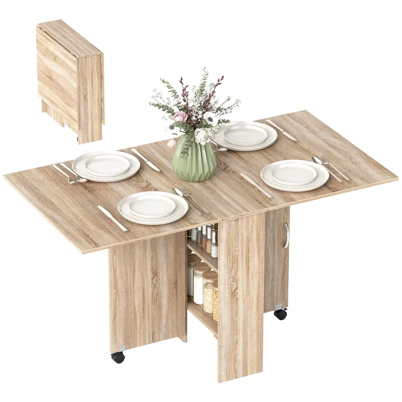 HOMCOM Masă Pliabilă Multifuncțională, Rafturi și Rotile, Bucătărie, Design Compact
