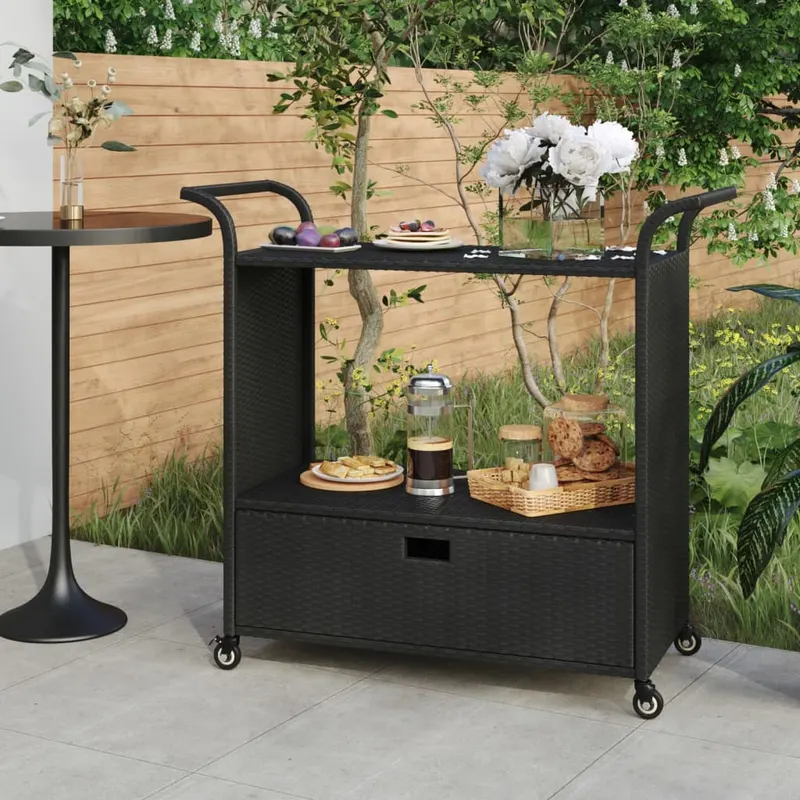 carucior de bar cu sertar, negru, 100x45x97 cm, poliratan
