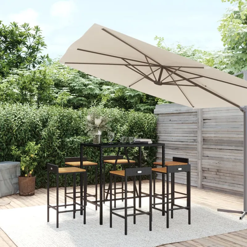 set bar pentru gradina, 7 piese, negru, poliratan/lemn acacia