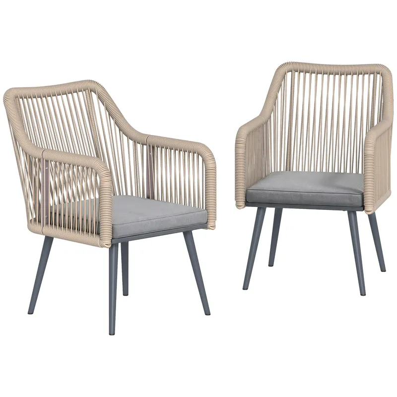 Outsunny Set de 2 scaune de grădină pentru exterior din ratan cu perne, cotiere și cadru din oțel pentru terasă 54x65x80 cm gri